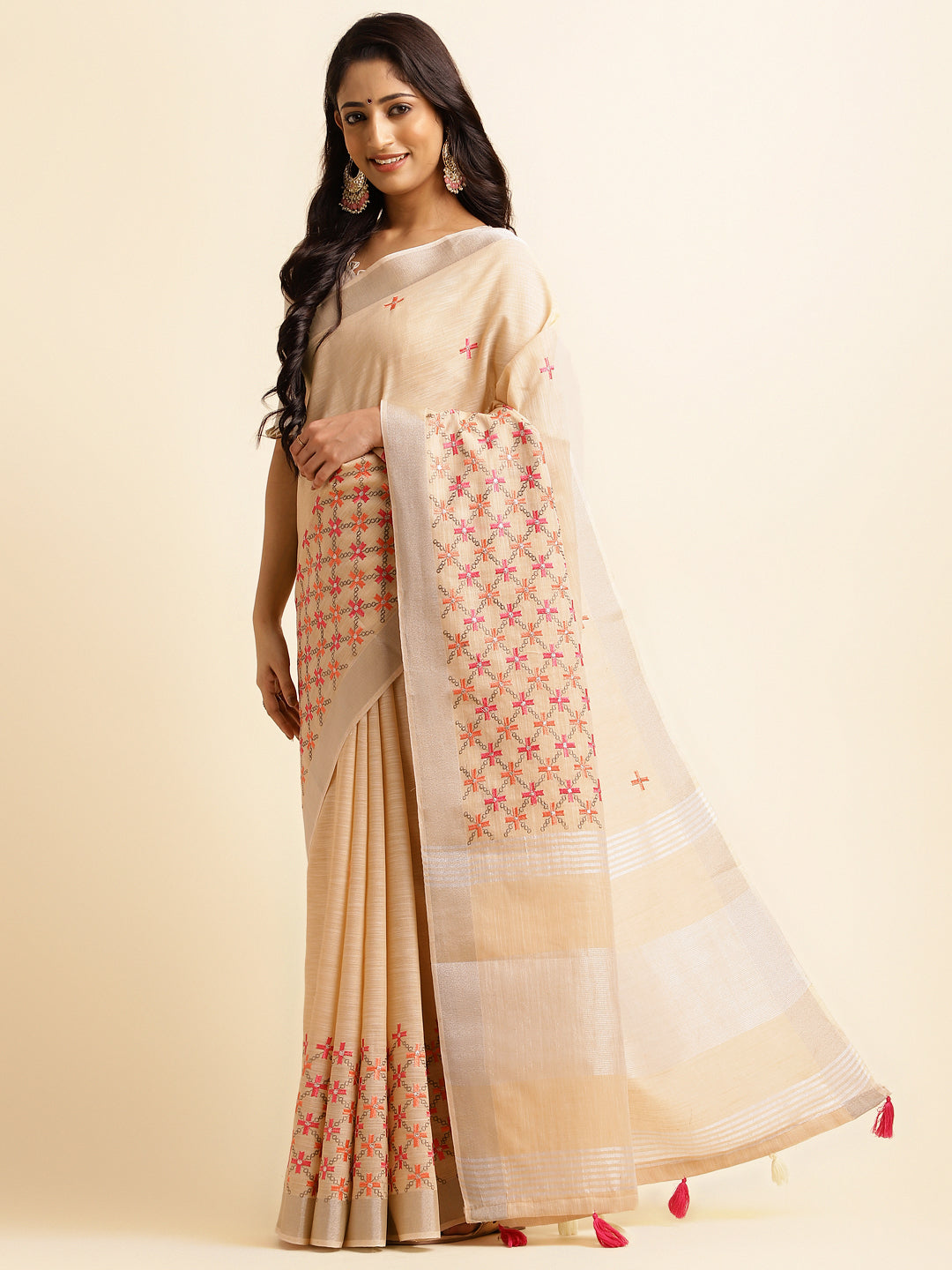 Dhiyona GR Women's CT Beige Cotton Linen Silk Embroidered Saree