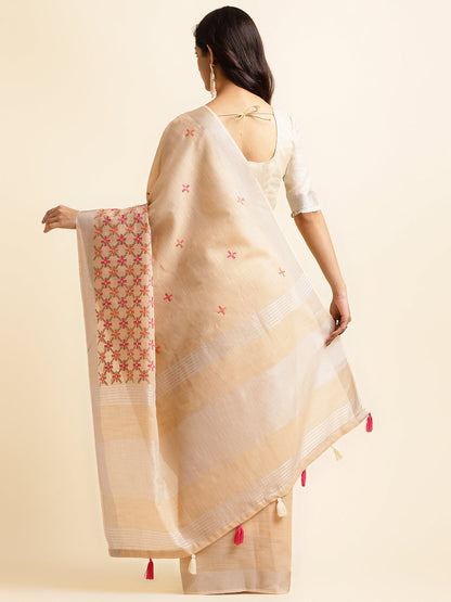 Dhiyona GR Women's CT Beige Cotton Linen Silk Embroidered Saree