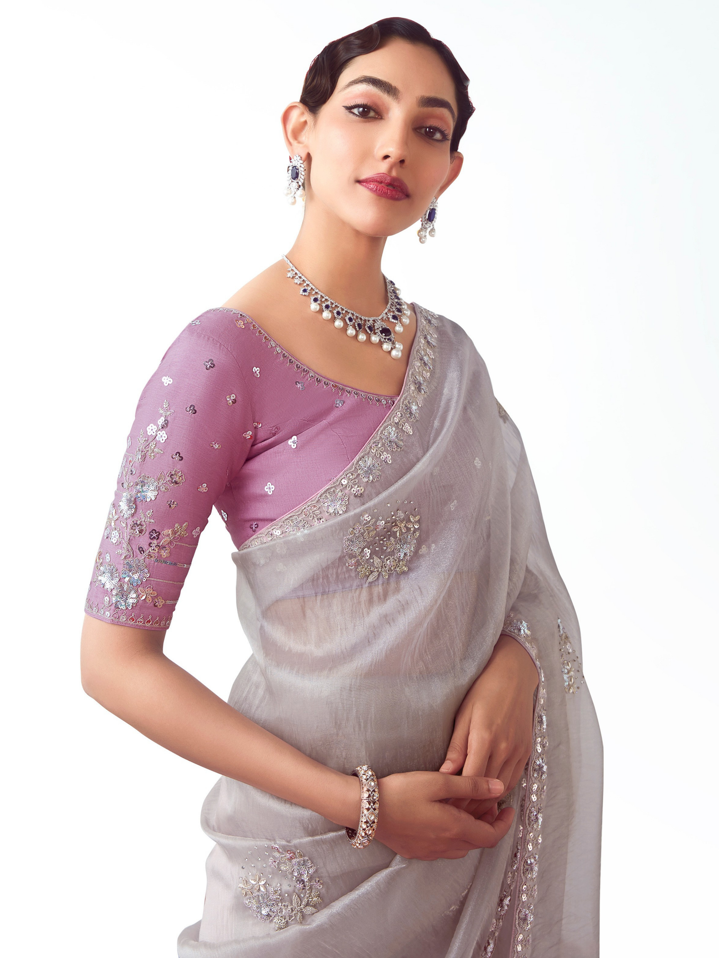Dhiyona KM Women Grey Organza Saree Partywear Saree