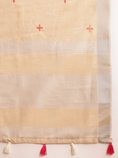Dhiyona GR Women's CT Beige Cotton Linen Silk Embroidered Saree