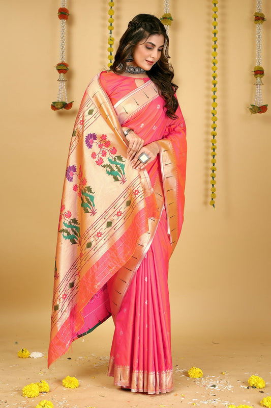 Dhiyona GR Women's Mastani 2 Peachy Pink Zari Paithani Silk Saree