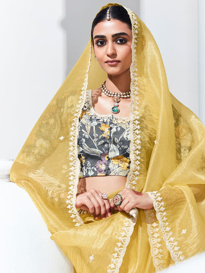 Dhiyona KM Women Graceful Yellow Saree With Floral-Print Blouse “ Radiant Elegance