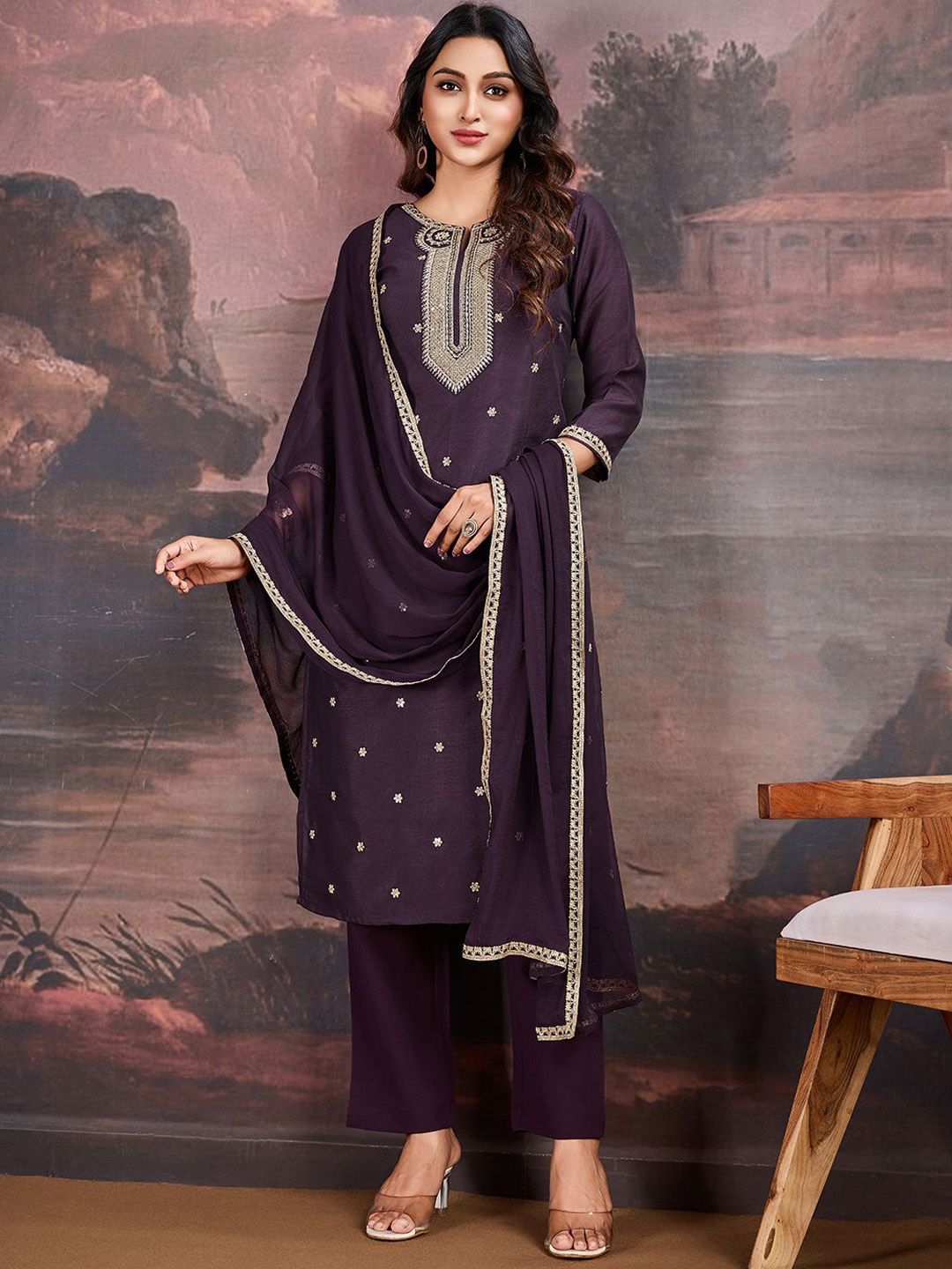 Dhiyona PD Women Ethnic Motifs Embroidered Sequinned Straight Kurta & Trouser With Dupatta