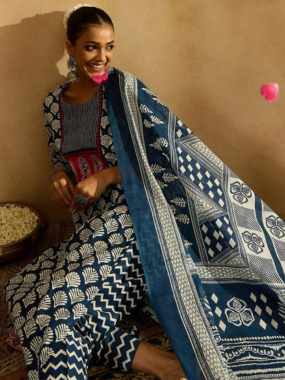 Dhiyona IE Blue Ethnic Motifs Printed Straight Round Neck Thread Work Pure Cotton Kurta Set