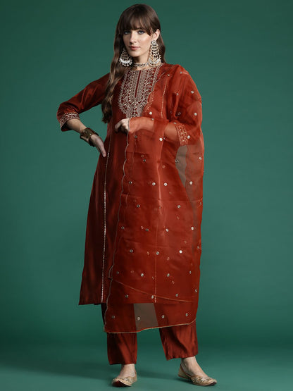 Dhiyona IE Ethnic Motifs Embroidered Liva Kurta with Trousers & With Dupatta
