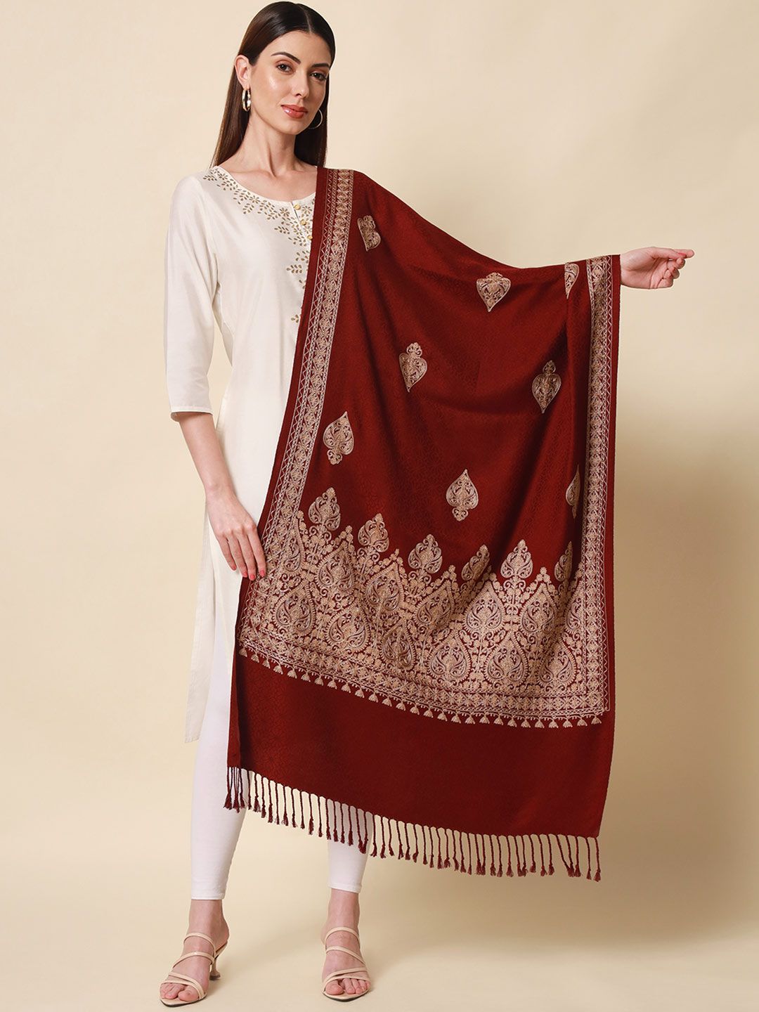 Dhiyona PA Women Wine Aari Embroidered Shawl