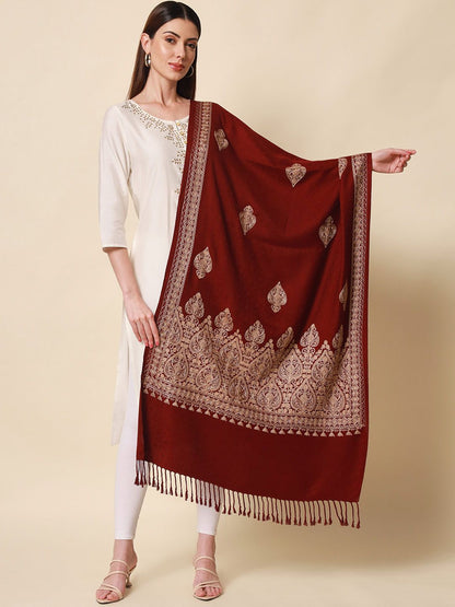 Dhiyona PA Women Wine Aari Embroidered Shawl