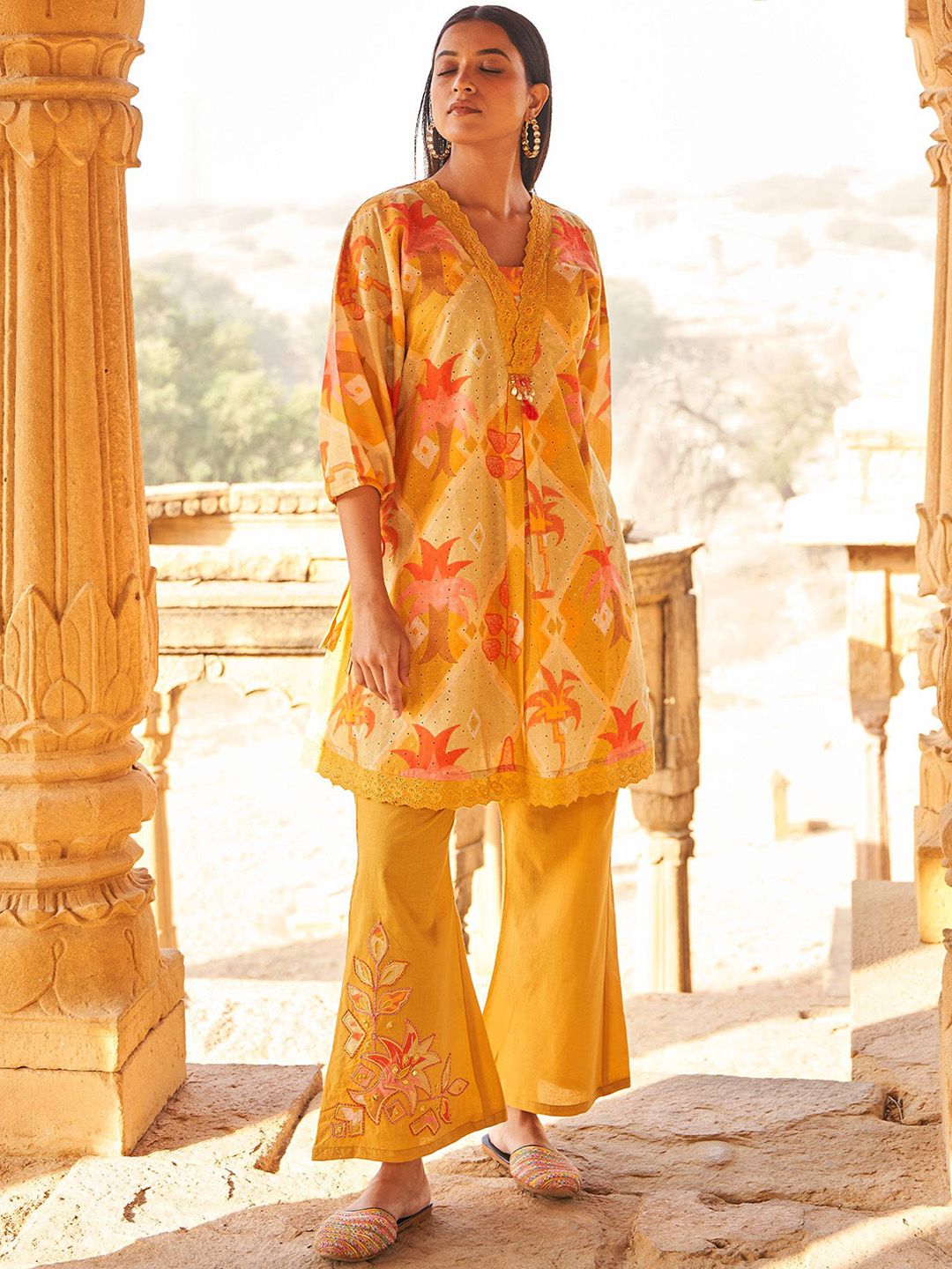 Floral Self Design Beads And Stones V-Neck A-Line Pure Cotton Kurta With Trousers