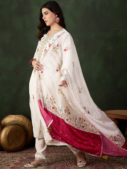 Dhiyona SN Women's Off White Floral Embroidered Thread Work A-Line Kurta With Trouser & Dupatta