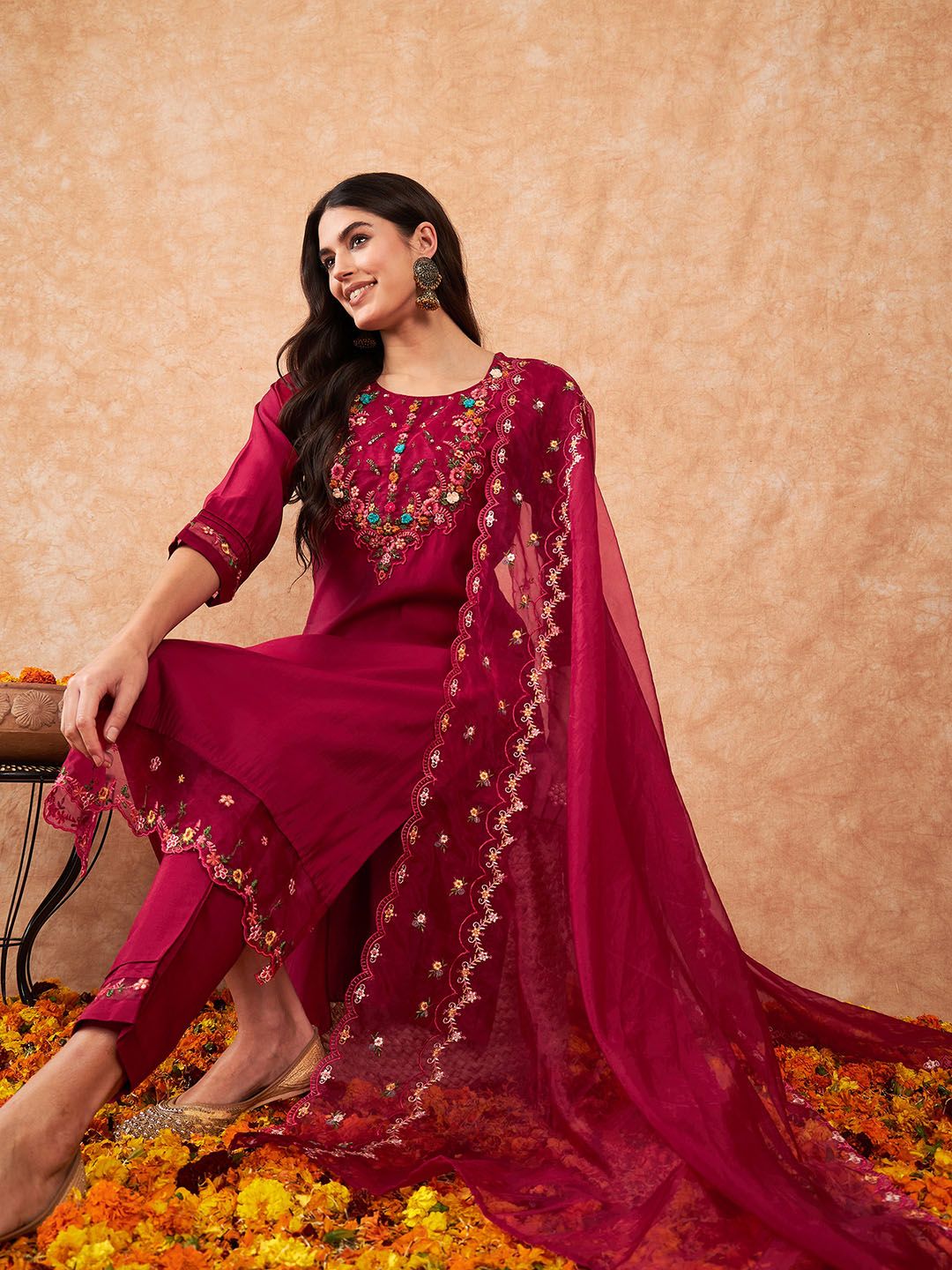 Dhiyona IE Embroidered A-Line Kurta With Trousers & Dupatta