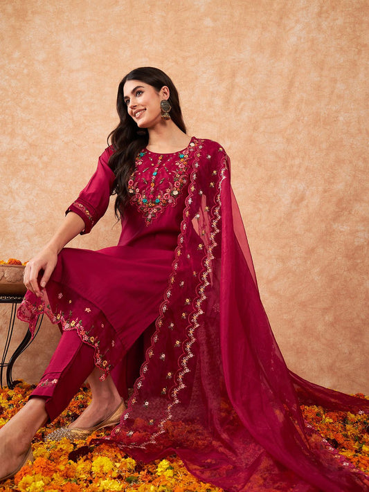 Dhiyona IE Embroidered A-Line Kurta With Trousers & Dupatta