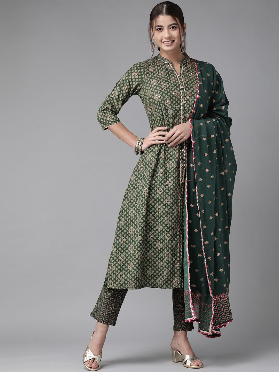 Dhiyona IE Women Green Printed Regular Kurta with Trousers & Dupatta