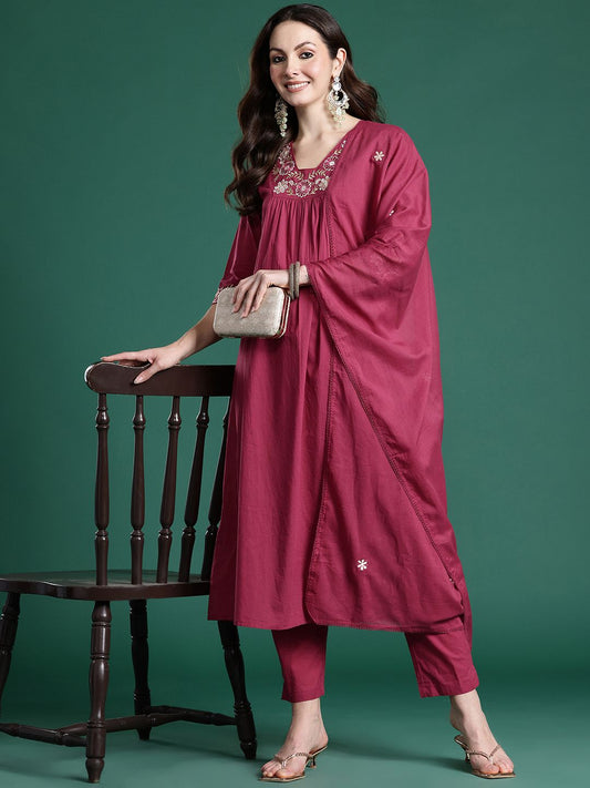 Floral Pleated Sequinned Pure Cotton Kurta with Trousers & With Dupatta
