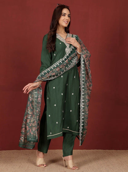 Dhiyona VA Women'sEthnic Motifs Embroidered Notch Neck Zari Straight Kurta With Trousers & Dupatta