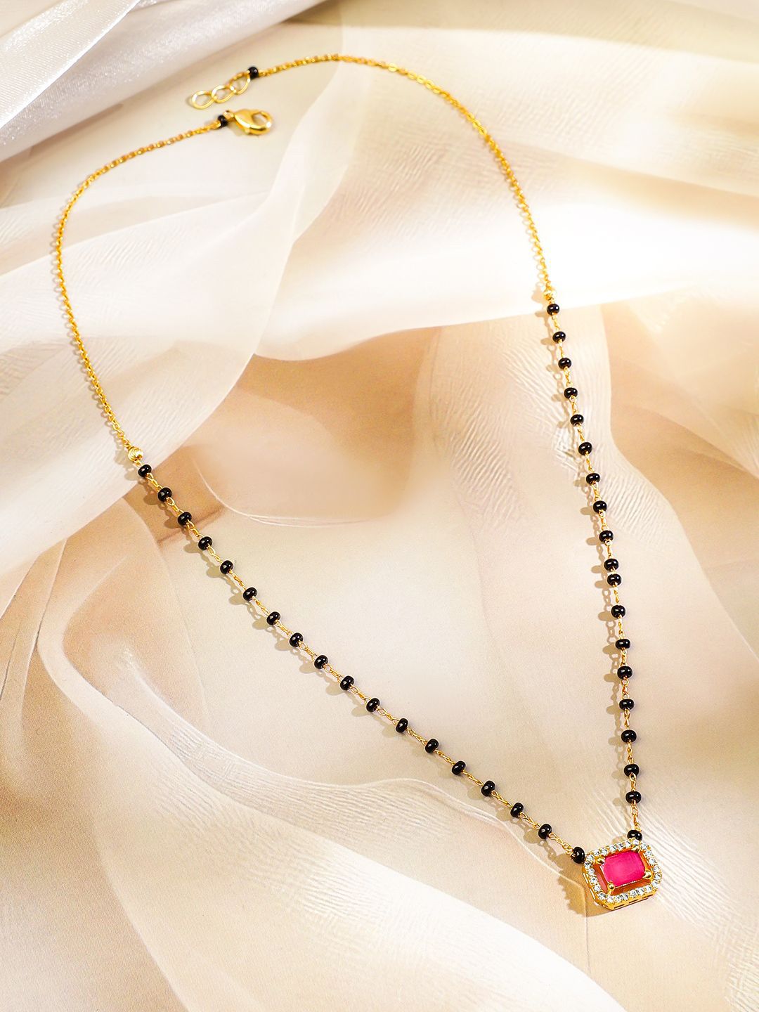 Dhiyona RJ Women's 22K Gold-Plated and Black Beaded with Ruby Pink Cubic Zirconia Studded Mangalsutra
