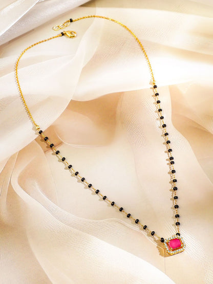 Dhiyona RJ Women's 22K Gold-Plated and Black Beaded with Ruby Pink Cubic Zirconia Studded Mangalsutra