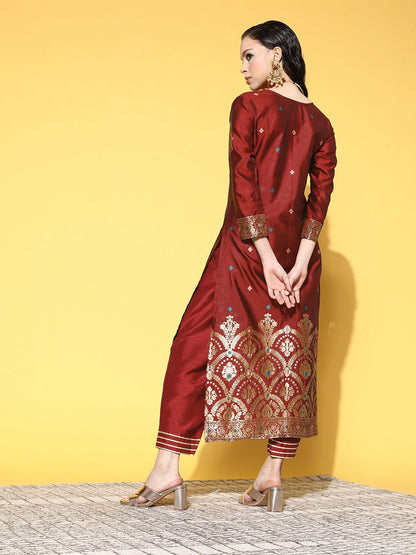 Women Maroon & Gold-Toned Ethnic Motifs Woven Design Kurta with Palazzos