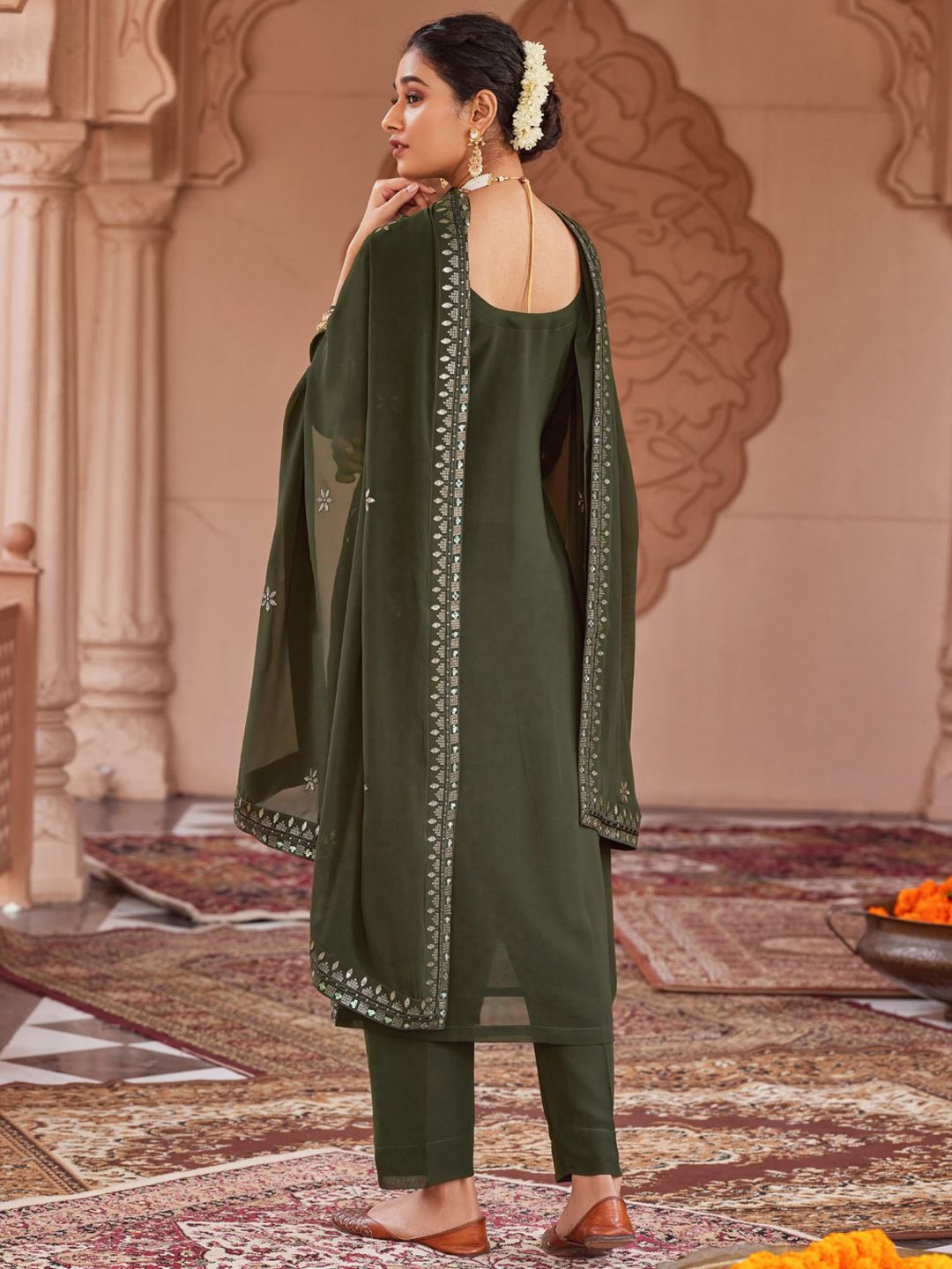 Dhiyona WP Ethnic Motifs Embroidered Regular Sequinned Kurta with Trousers & Dupatta
