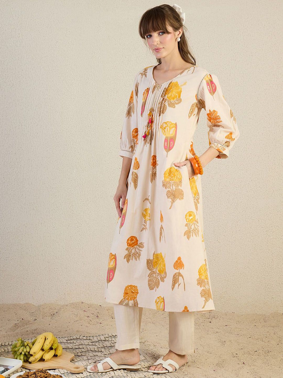 Dhiyona IE Printed V-Neck Tunic With Trousers Co-Ords