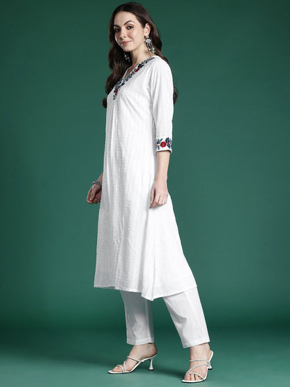 Self Design Thread Work Pure Cotton Kurta with Trousers