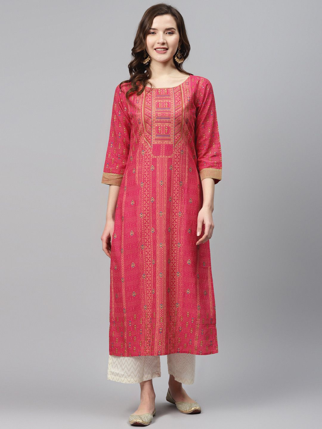 Dhiyona IE Women Pink & Peach-Coloured Foil Print Straight Kurta