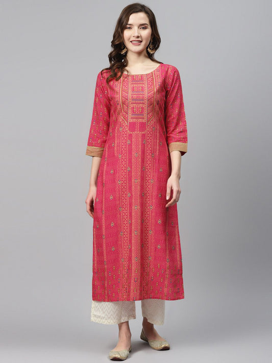 Dhiyona IE Women Pink & Peach-Coloured Foil Print Straight Kurta