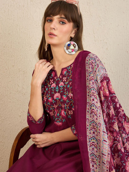 Dhiyona IE Floral Embroidered Notch Neck Thread Work Straight Kurta With Palazzos & Dupatta