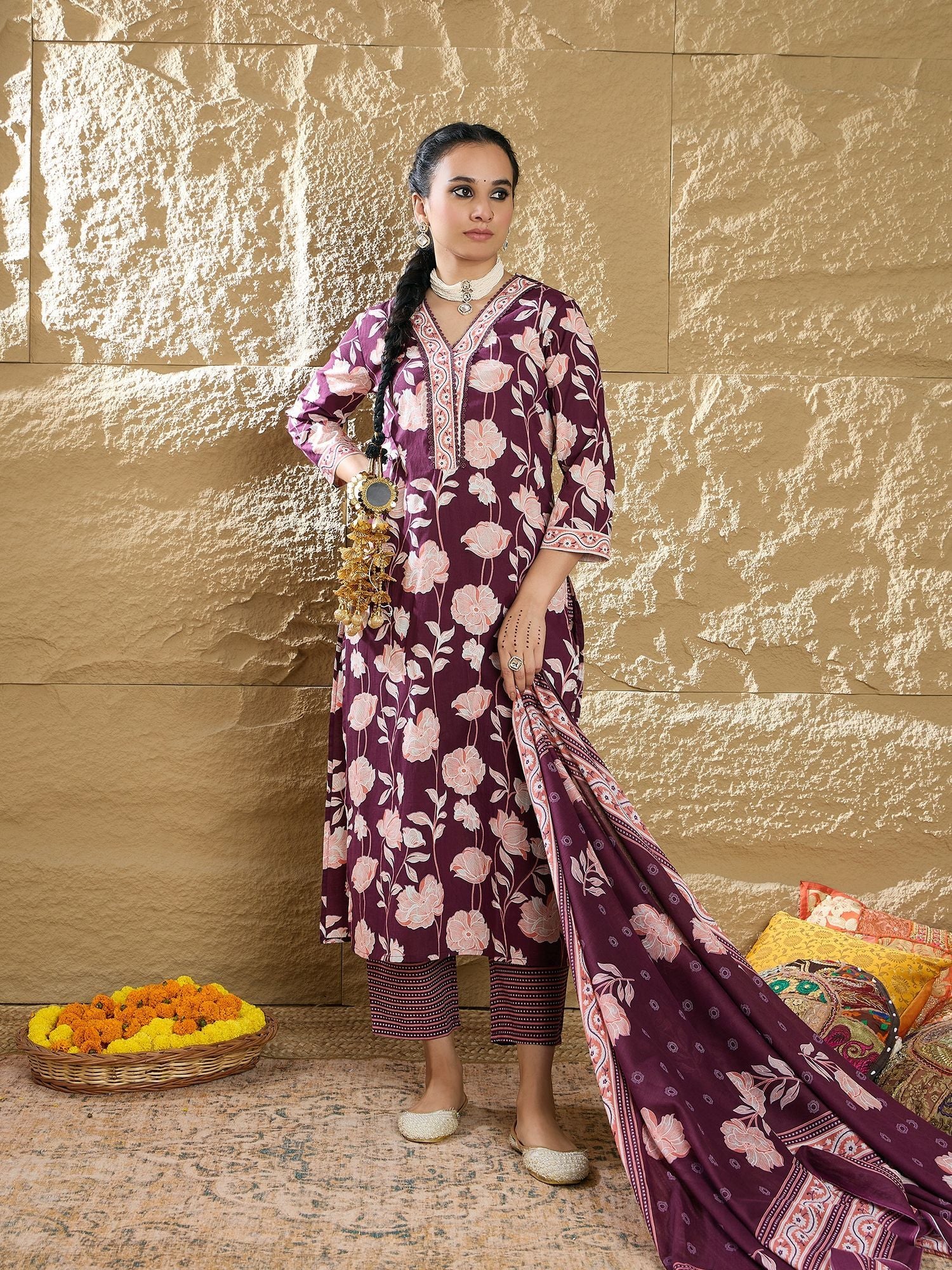 Floral Printed Pure Cotton V-Neck Straight Kurta With Trousers And Dupatta