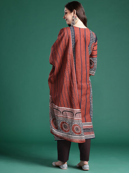 Dhiyona IE Geometric Printed Pure Cotton Kurta with Trousers & Dupatta