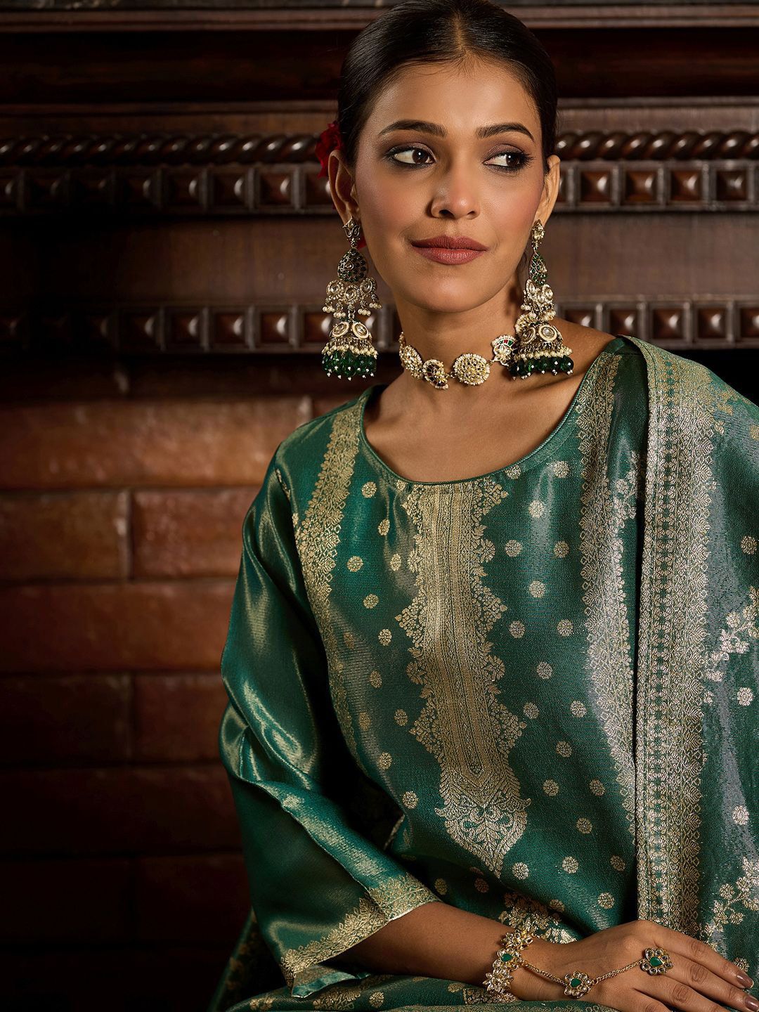 Ethnic Motifs Woven Design Zari Straight Kurta With Trousers & Dupatta