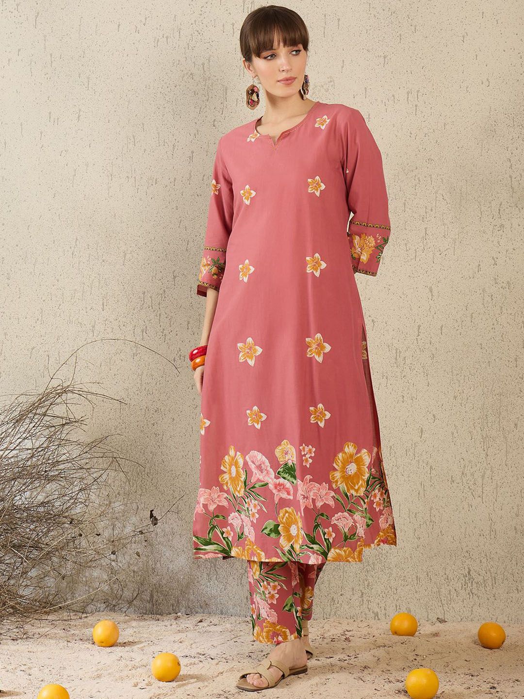 Floral Printed Round Neck Sequinned Pure Cotton Kurta With Trousers