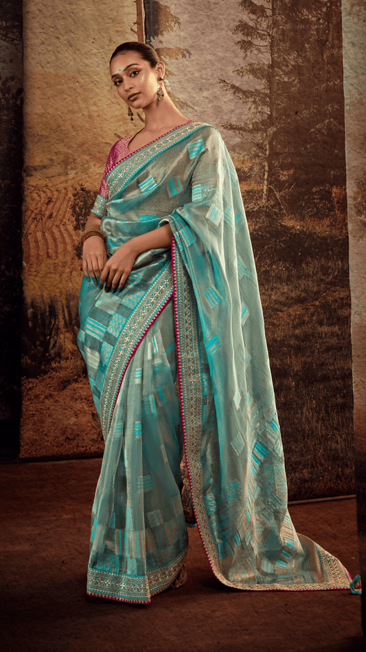 Dhiyona KM Women Royal Radiance “ Blue Jacquard Silk Saree With Rich Red Border
