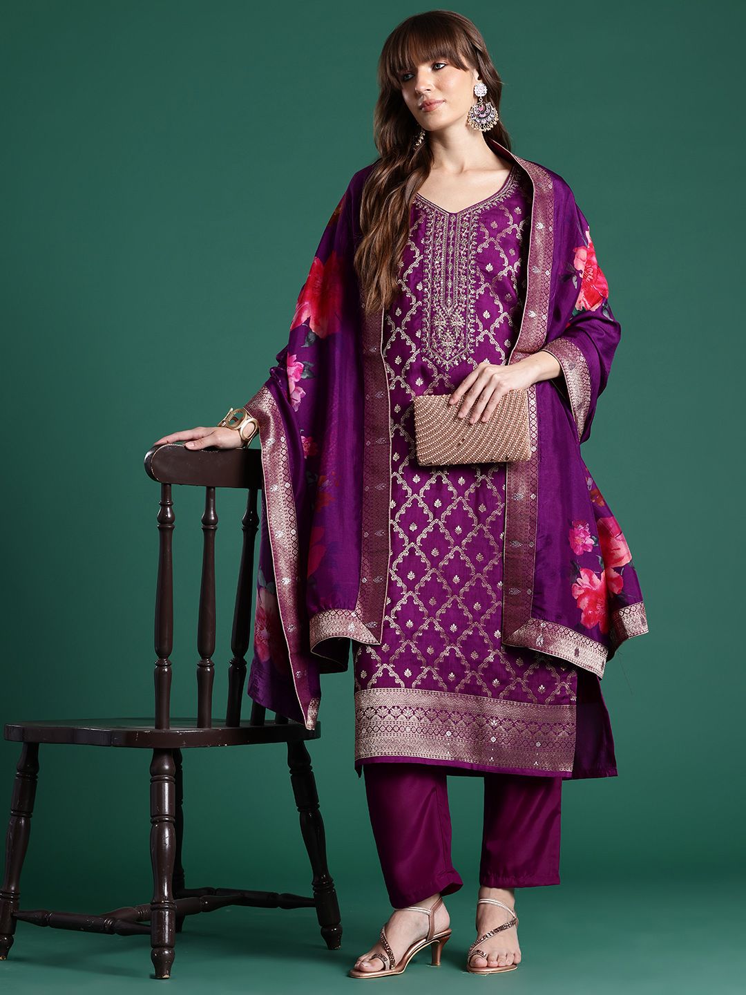 Dhiyona IE Embroidered Regular Kurta With Trousers & Dupatta
