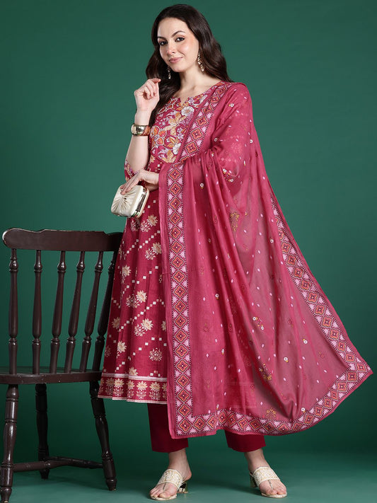 Dhiyona IE Floral Printed Pure Cotton Kurta with Trousers & Dupatta