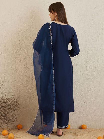 Dhiyona IE Navy Blue Embroidered Yoke Design Aari Work Kurta With Trousers & Dupatta