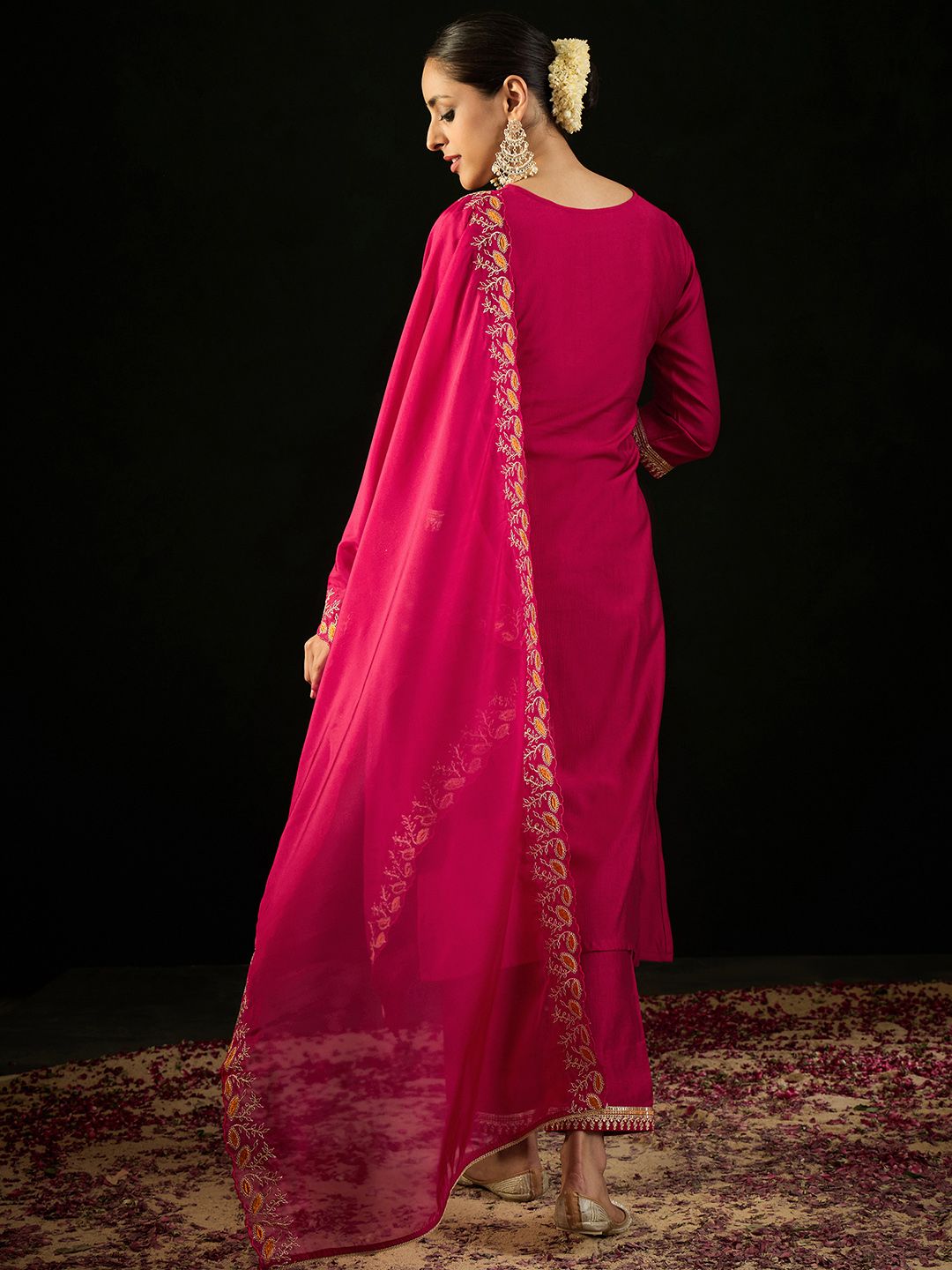 Dhiyona IE Notched Neck Ethnic Embroidered Sequinned Liva Kurta with Trouser & Dupatta