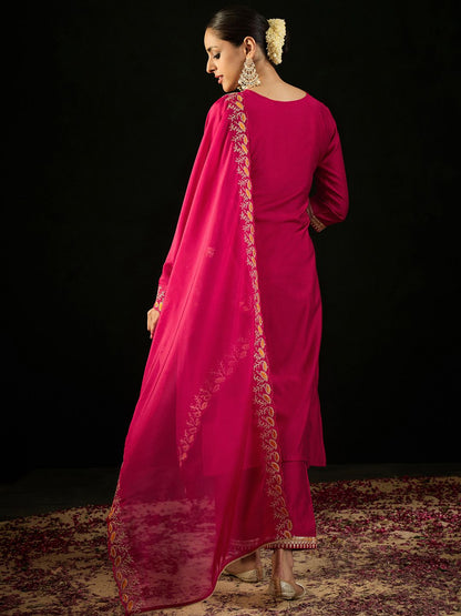 Dhiyona IE Notched Neck Ethnic Embroidered Sequinned Liva Kurta with Trouser & Dupatta