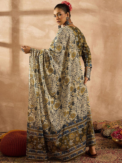 Dhiyona IE Women Floral Printed Regular Pure Cotton Kurta with Trousers & With Dupatta