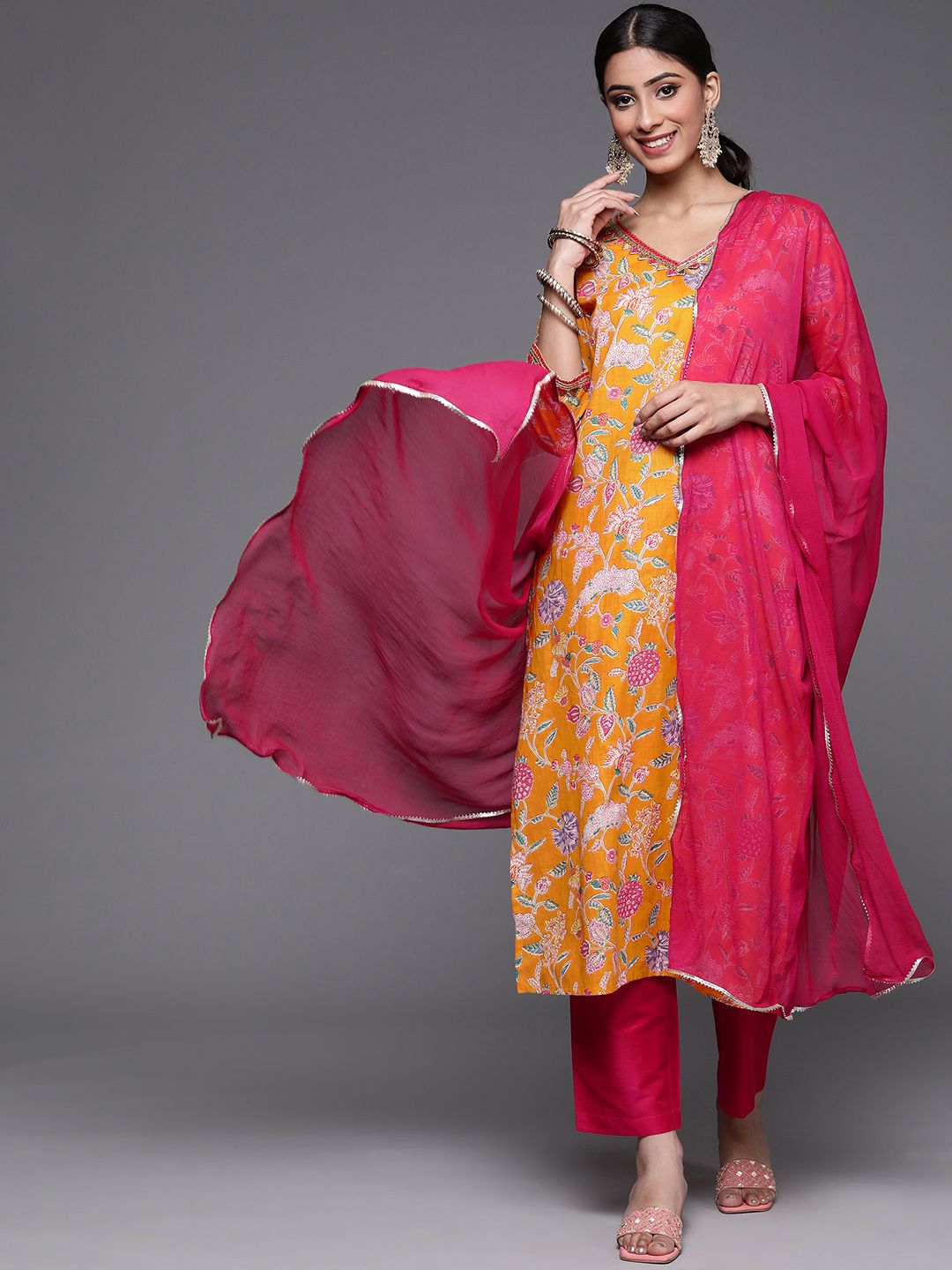 Dhiyona VA Women's Mustard Yellow Ethnic Motifs Printed Kurta with Trousers & Dupatta