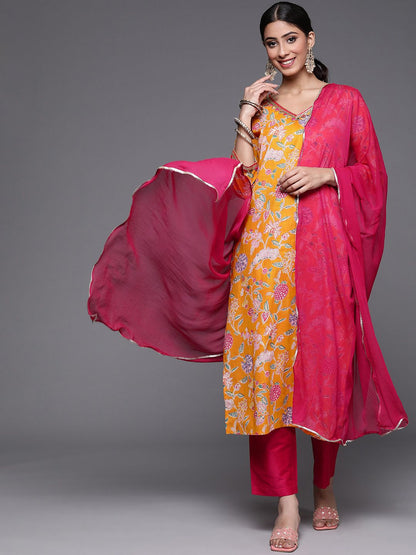 Dhiyona VA Women's Mustard Yellow Ethnic Motifs Printed Kurta with Trousers & Dupatta