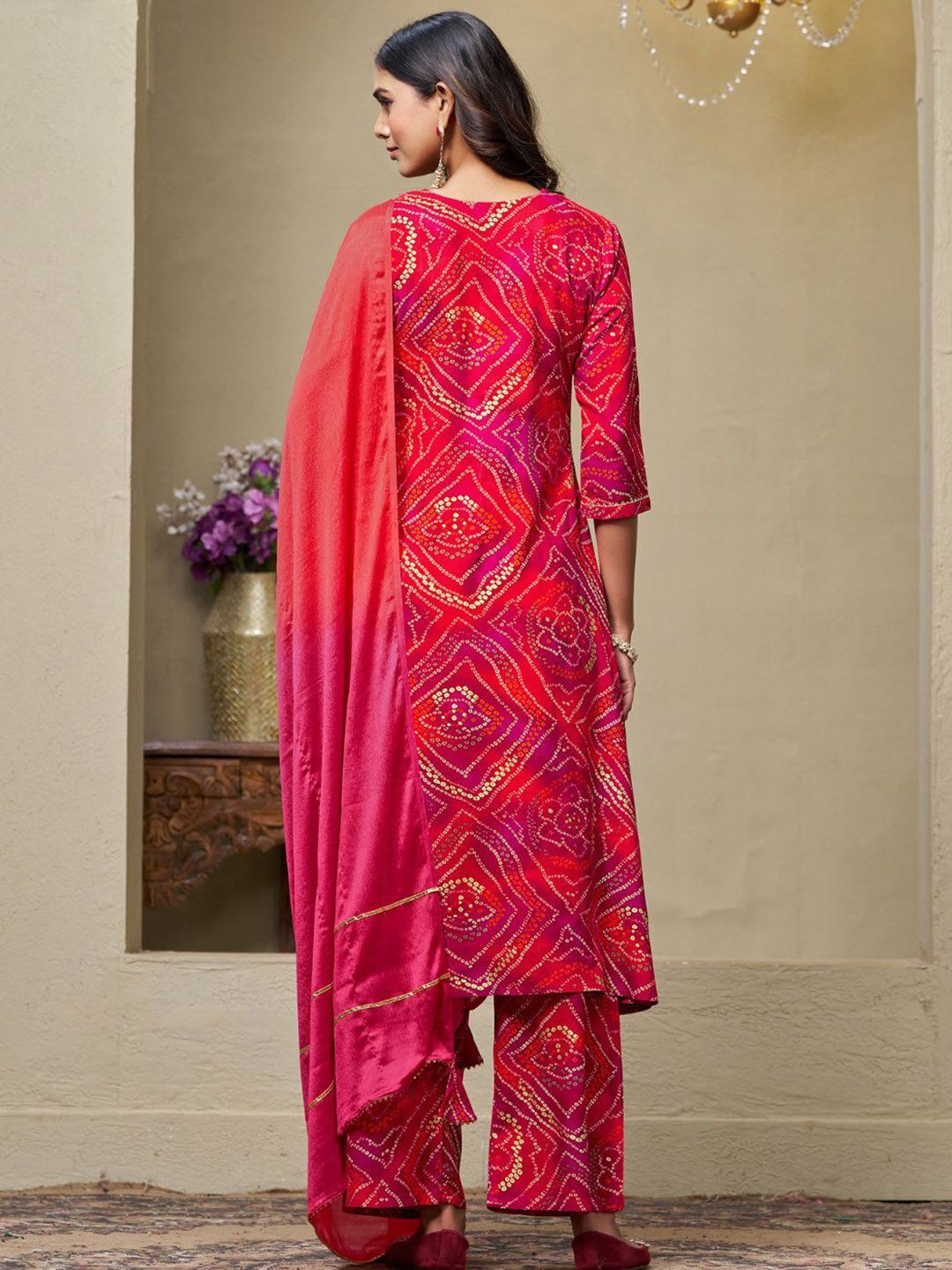 Dhiyona SN Women's Bandhani Printed Sequinned Kurta with Palazzo & Dupatta