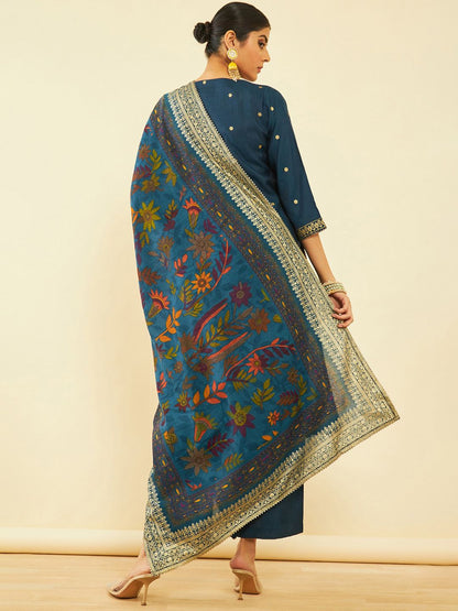 Dhiyona SO Women's Ethnic Motifs Woven Design Zari Straight Kurta With Trousers & Dupatta