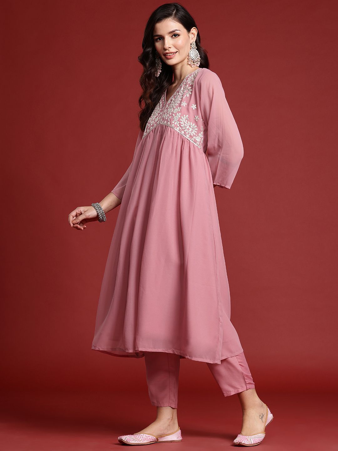 Floral Sequin Embroidered Empire Kurta with Trousers & Dupatta