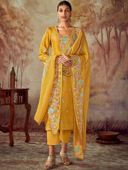 Dhiyona IE Floral Embroidered Regular Thread Work Straight Kurta With Trousers & Dupatta