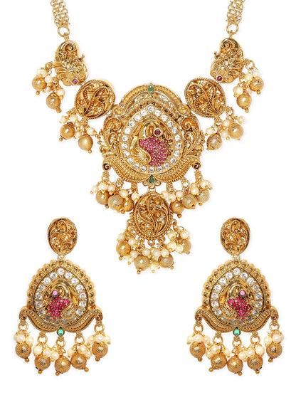 Dhiyona RJ Women's 24K Gold-Plated Peacock Motif Ruby & CZ Studded Pearl Beaded Temple Jewellery Set