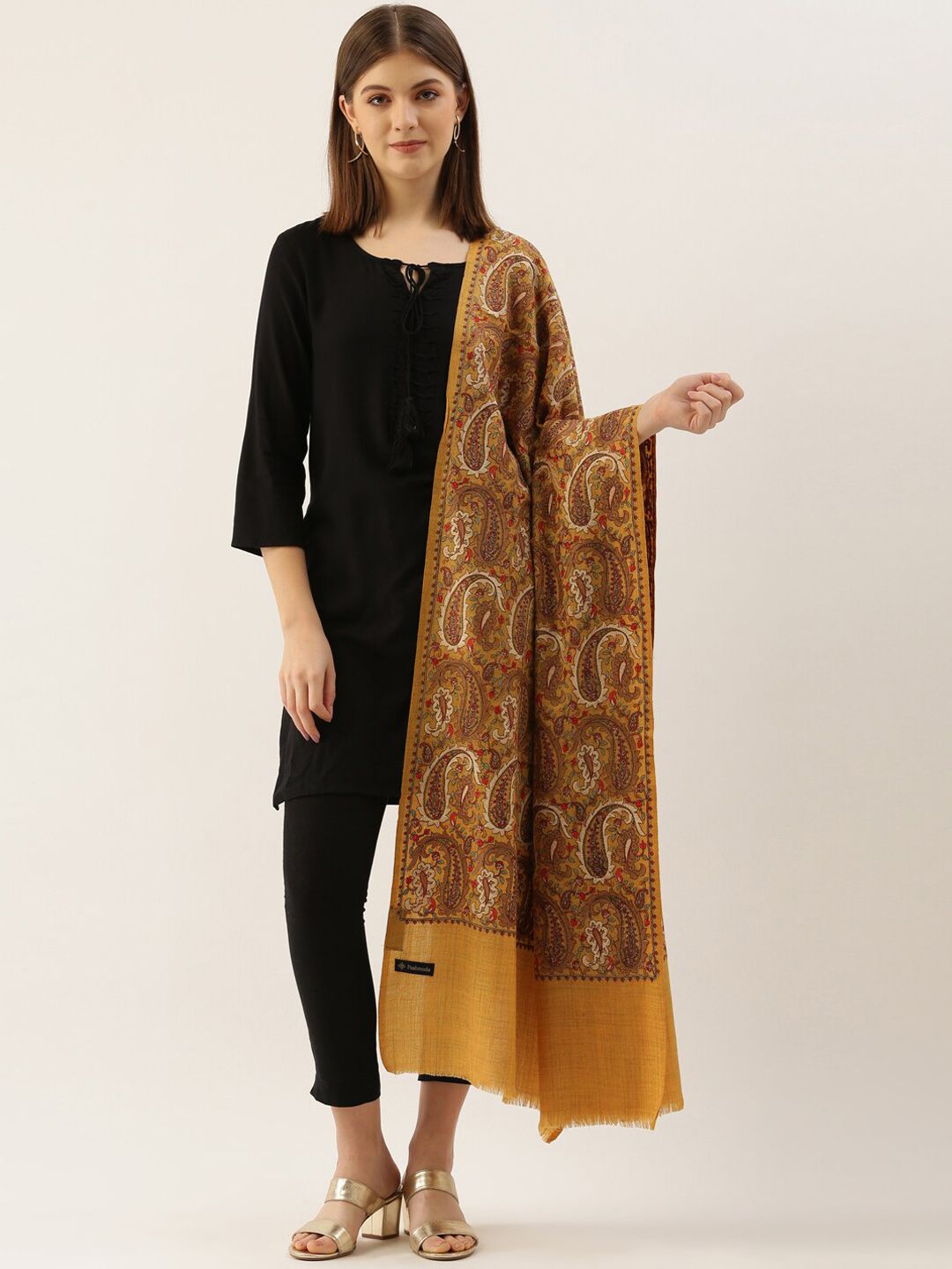Dhiyona PA Women Yellow & Red Embroidered Woolen Shawl