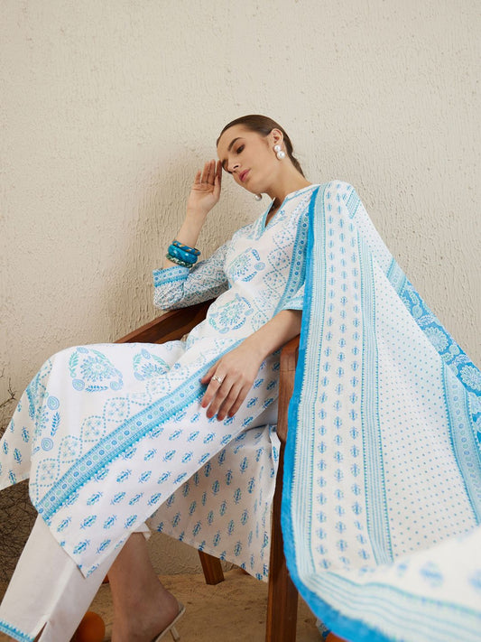 Dhiyona IE Ethnic Motifs Printed Regular Pure Cotton Kurta with Trousers & Dupatta