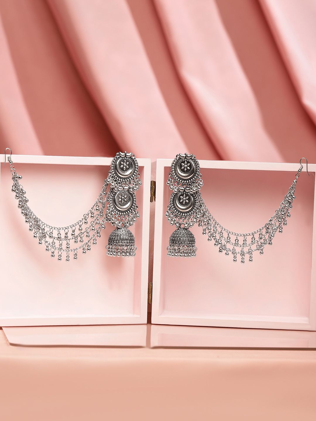 Dhiyona RJ Women's Oxidised Silver Plated Ghumroo Beaded Dome Jhumka with Triple Layer Hair Chain