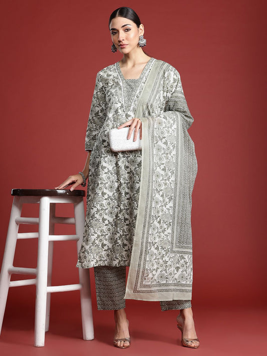 Dhiyona IE Women Floral Printed Pure Cotton Kurta with Trousers & With Dupatta