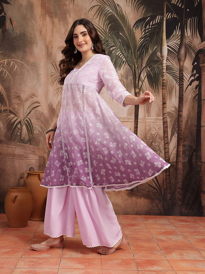 Dhiyona SN Women's Floral Printed Semi Sheer Panelled Kurta with Sharara & Dupatta
